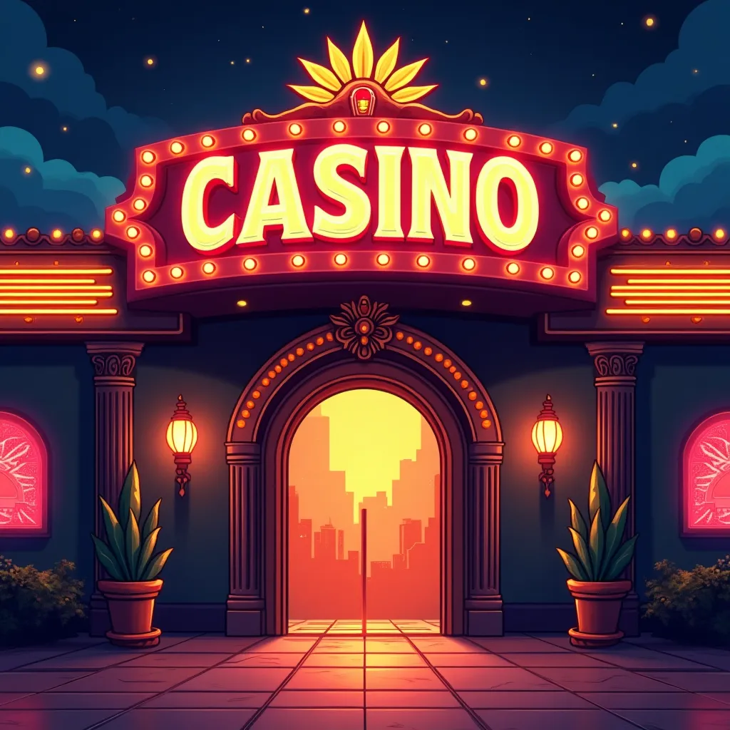 Cartoon casino entrance with neon lights and bonus coins