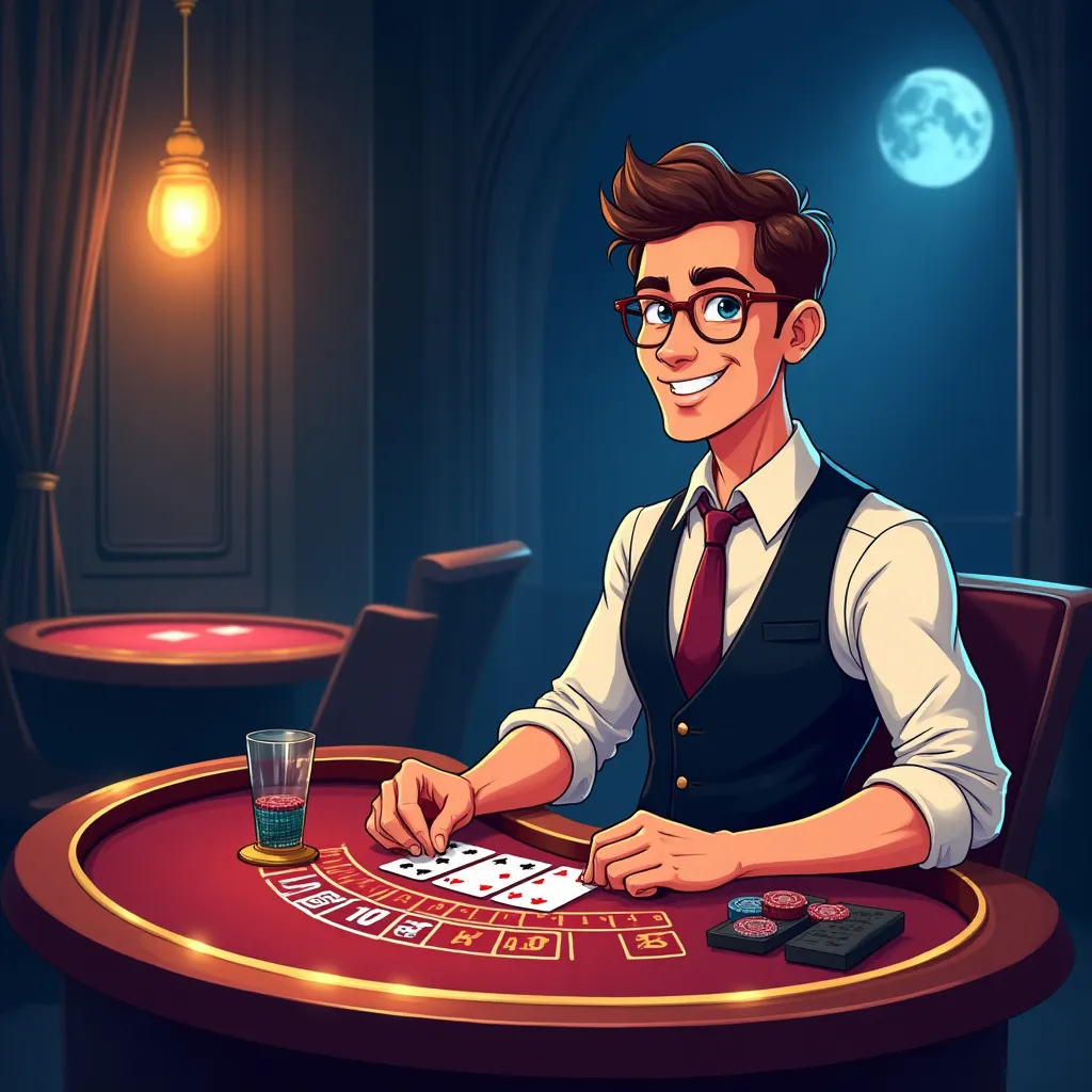 Cartoon live dealer casino studio with neon lights